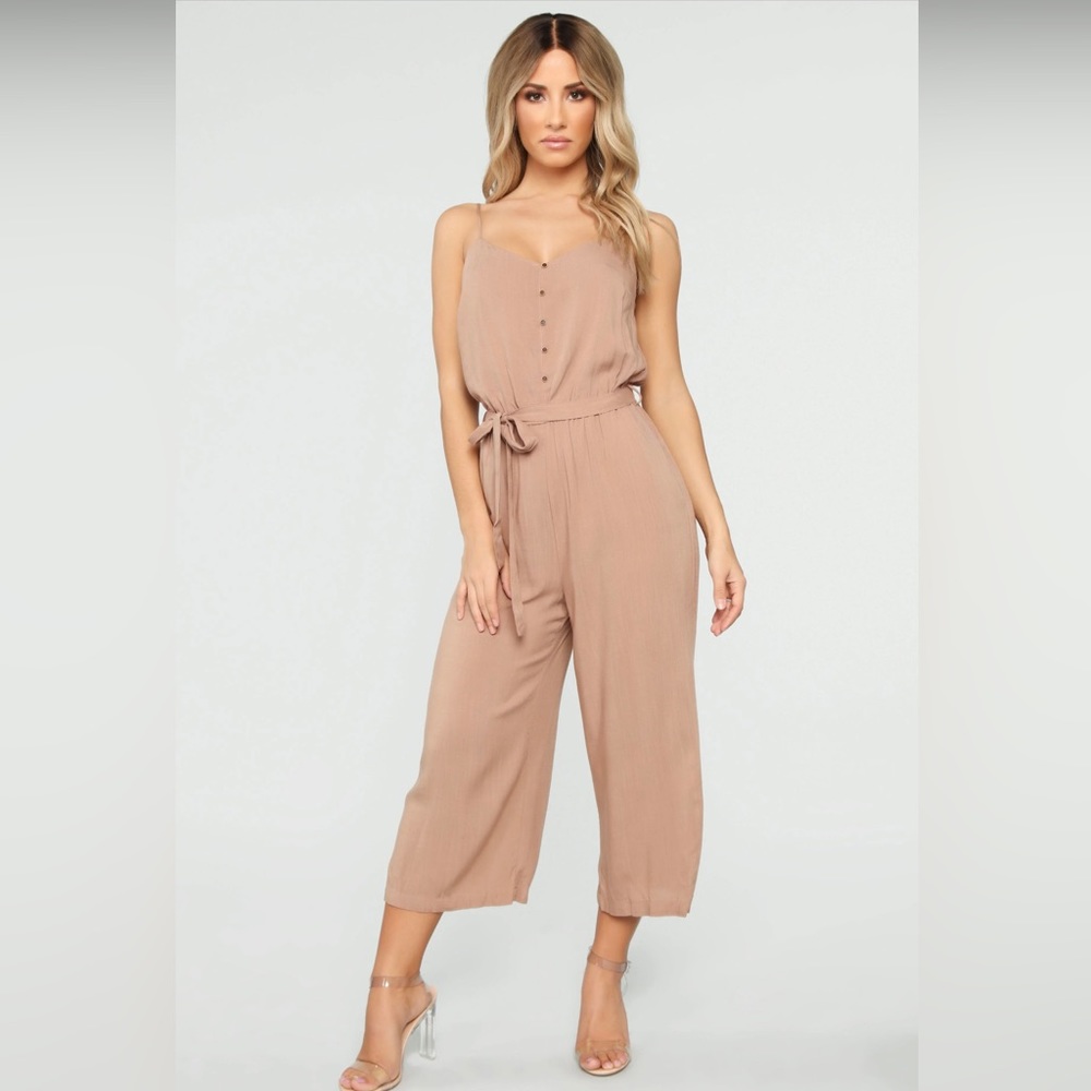 Spaghetti-Strap Tie-Waist Cropped Jumpsuit in Taupe